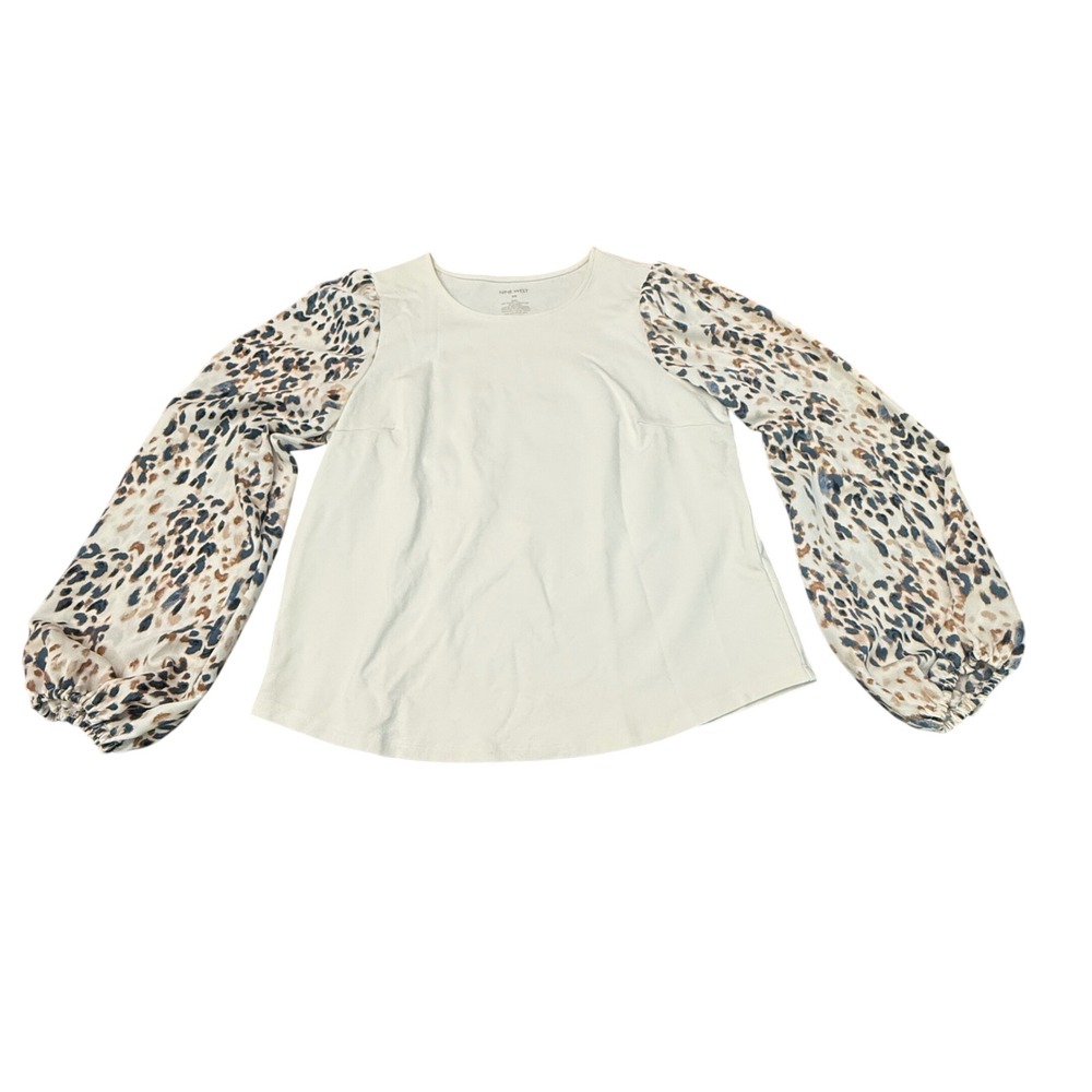 Nine West Womens Medium Cream Animal Print Puff Sleeve Mixed Media Blouse Top
